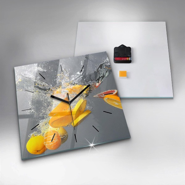 Square glass wall clock Citrus in water