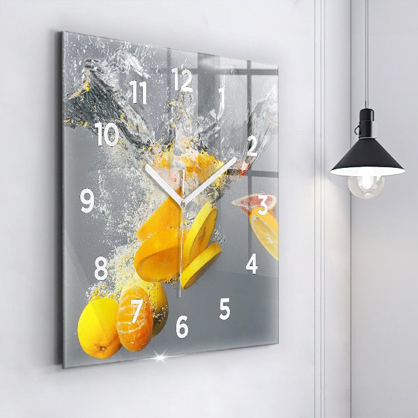 Square glass wall clock Citrus in water