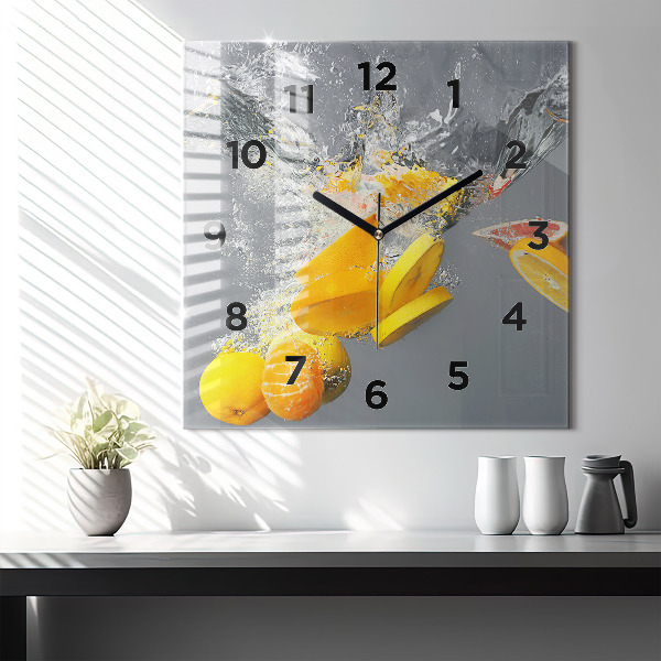 Square glass wall clock Citrus in water