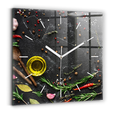 Square glass wall clock Spices on the counter