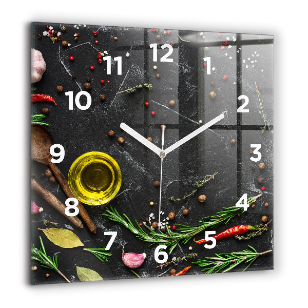 Square glass wall clock Spices on the counter