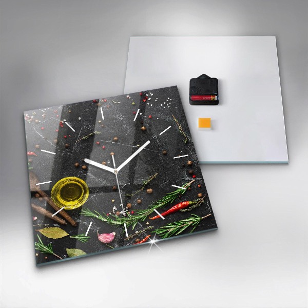 Square glass wall clock Spices on the counter