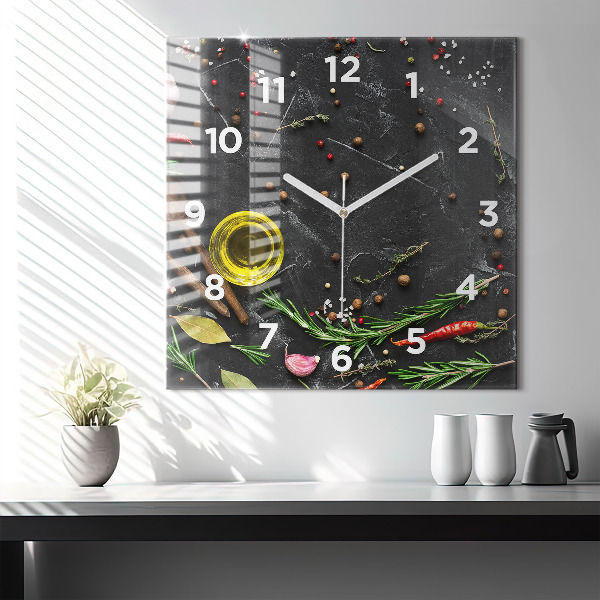 Square glass wall clock Spices on the counter