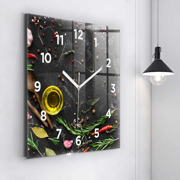 Square glass wall clock Spices on the counter