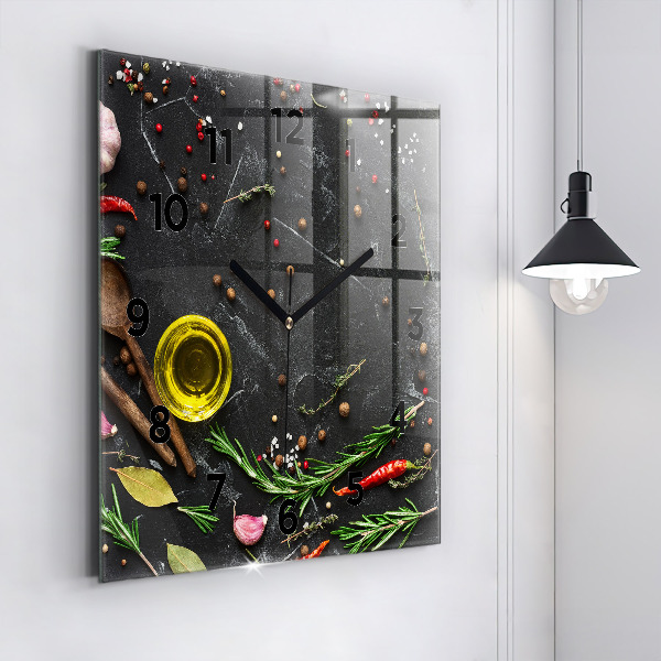 Square glass wall clock Spices on the counter