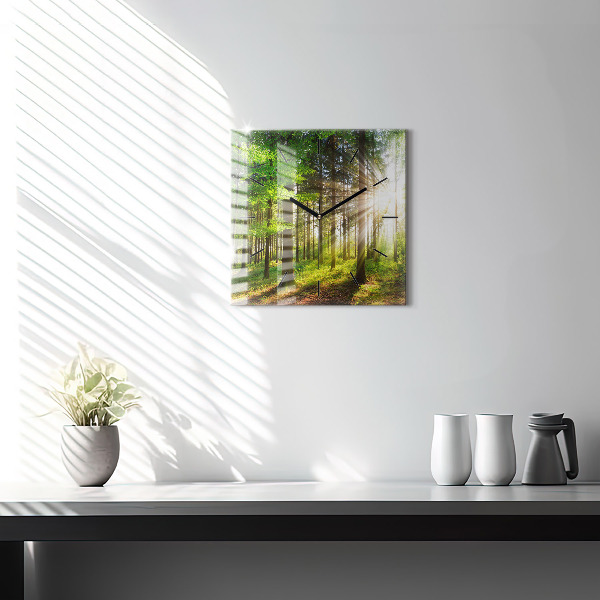 Square glass wall clock Forest sunrise