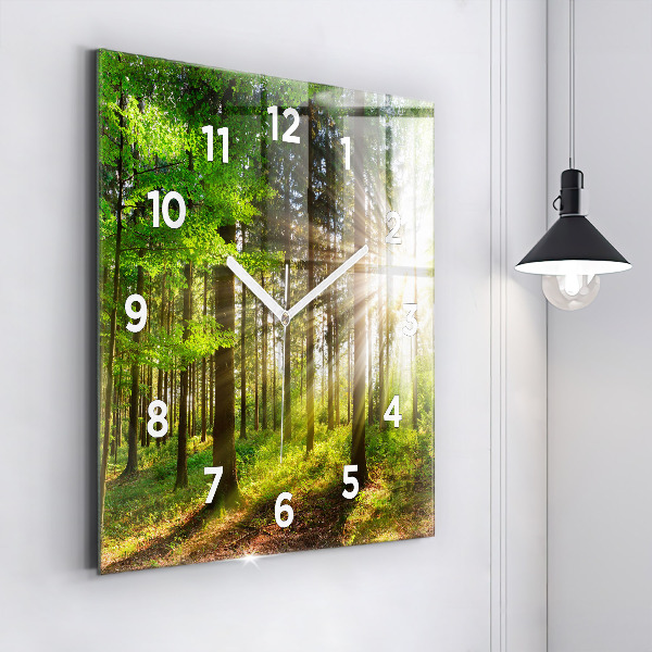Square glass wall clock Forest sunrise
