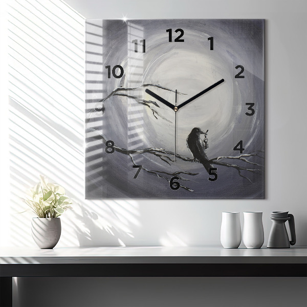 Square glass wall clock Raven in the moonlight