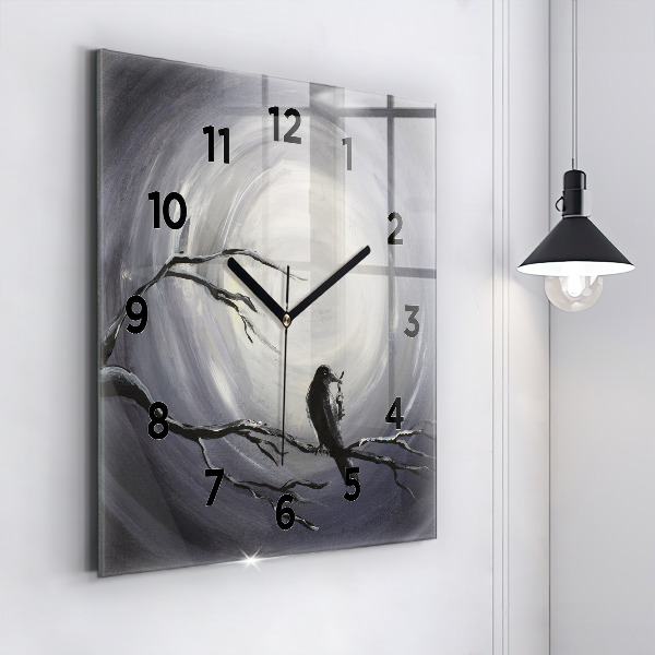 Square glass wall clock Raven in the moonlight