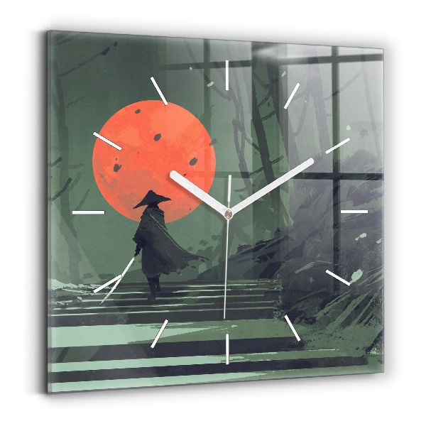 Square glass wall clock Samurai in the forest