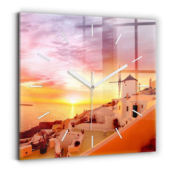 Square glass wall clock Old windmill in Santorini