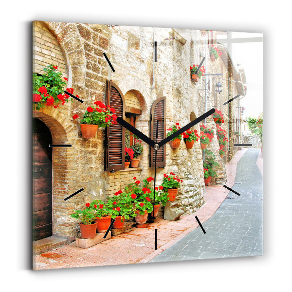 Square glass wall clock A picturesque street