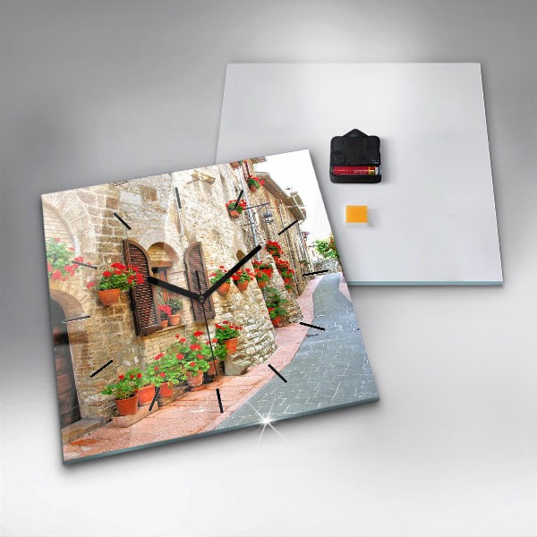 Square glass wall clock A picturesque street