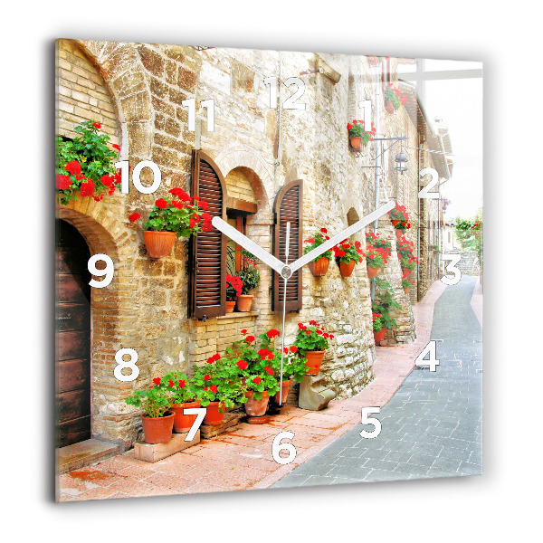 Square glass wall clock A picturesque street
