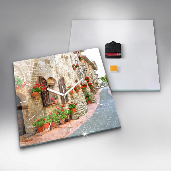 Square glass wall clock A picturesque street
