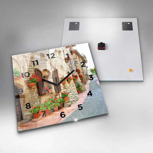 Square glass wall clock A picturesque street