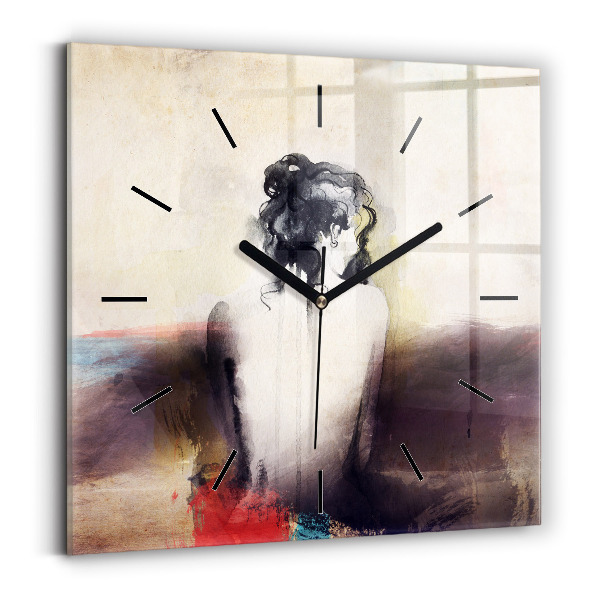 Square glass wall clock Abstract portrait of a woman