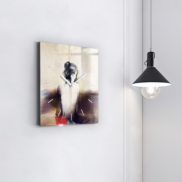 Square glass wall clock Abstract portrait of a woman