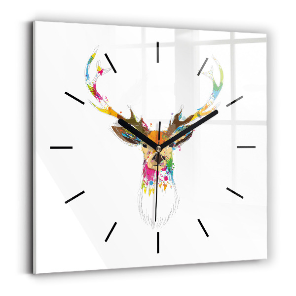 Square glass wall clock Colorful deer head