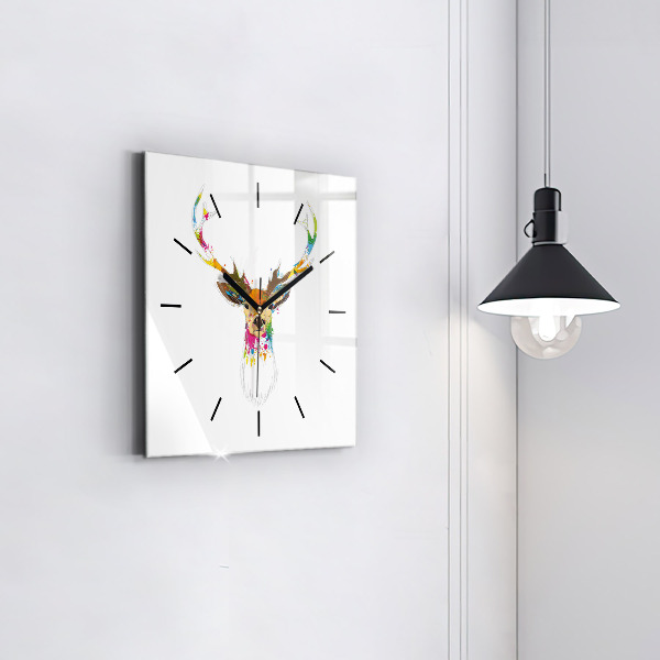 Square glass wall clock Colorful deer head