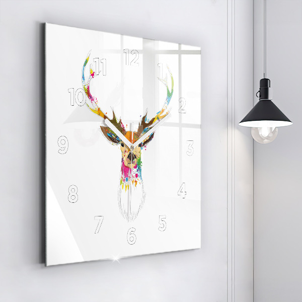 Square glass wall clock Colorful deer head