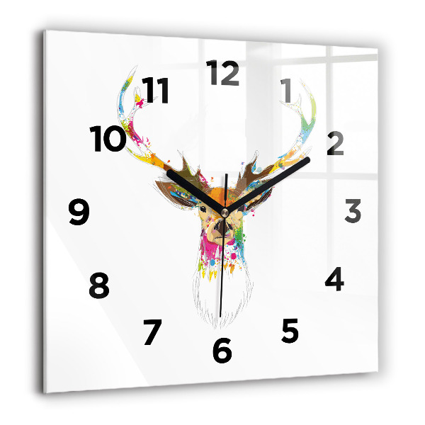 Square glass wall clock Colorful deer head