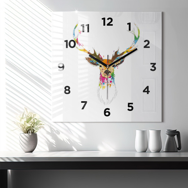 Square glass wall clock Colorful deer head
