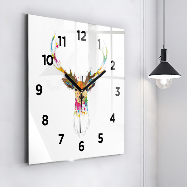 Square glass wall clock Colorful deer head