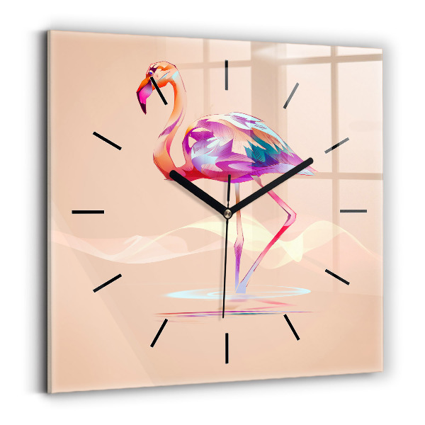 Square glass wall clock Flamingo illustration