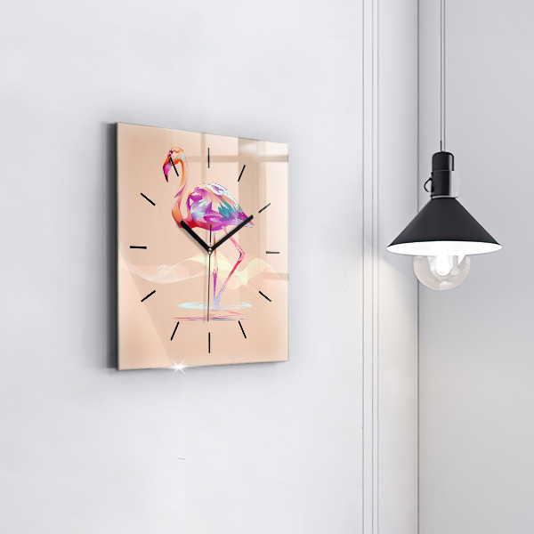 Square glass wall clock Flamingo illustration