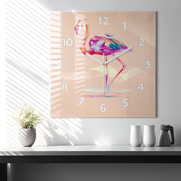 Square glass wall clock Flamingo illustration