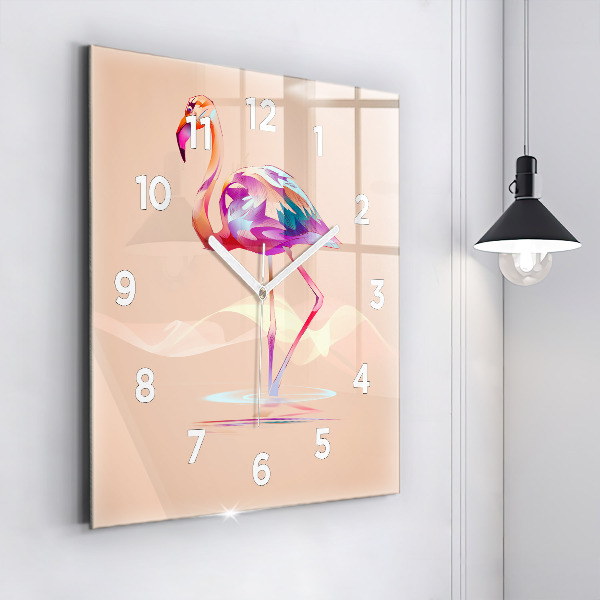 Square glass wall clock Flamingo illustration