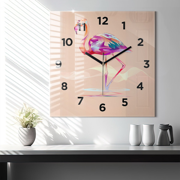 Square glass wall clock Flamingo illustration
