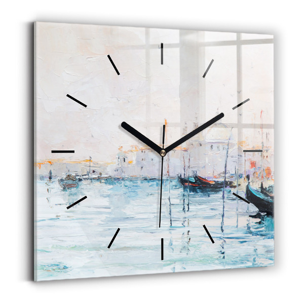 Square glass wall clock Oil painting yacht sea