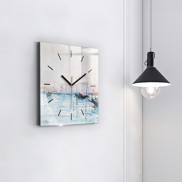 Square glass wall clock Oil painting yacht sea