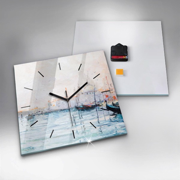 Square glass wall clock Oil painting yacht sea