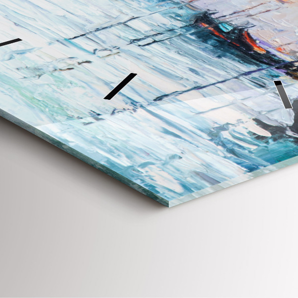 Square glass wall clock Oil painting yacht sea