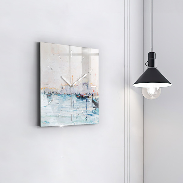 Square glass wall clock Oil painting yacht sea