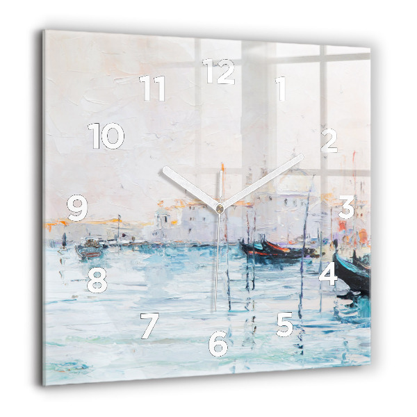 Square glass wall clock Oil painting yacht sea