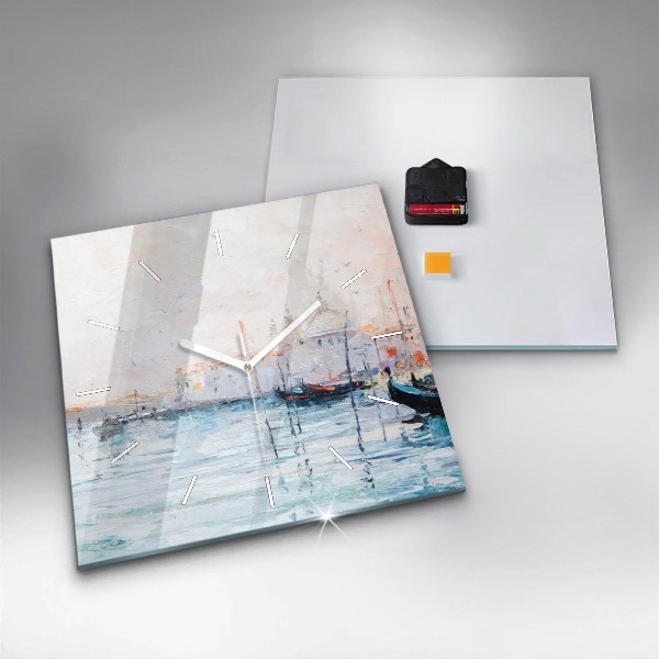 Square glass wall clock Oil painting yacht sea