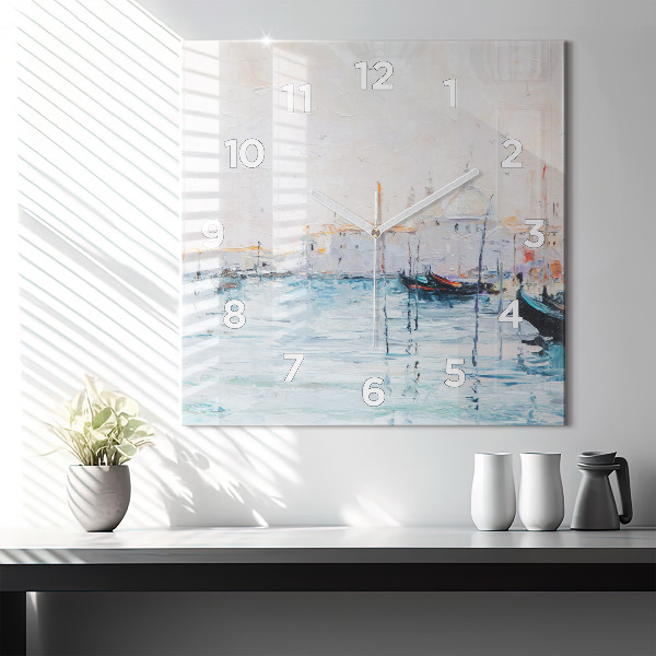 Square glass wall clock Oil painting yacht sea