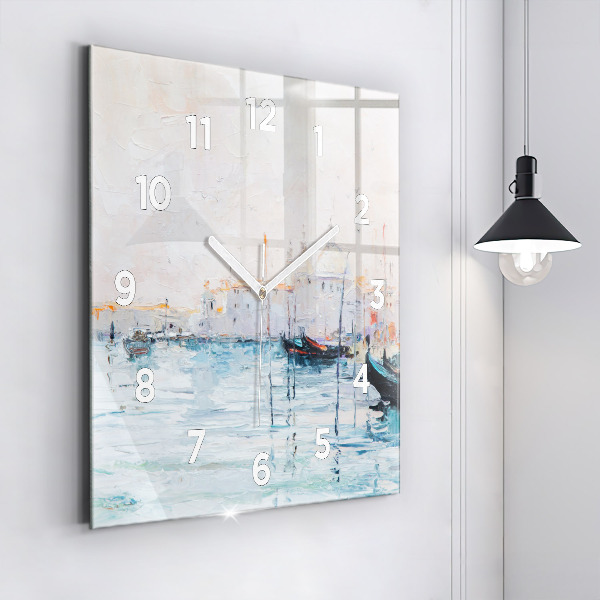 Square glass wall clock Oil painting yacht sea