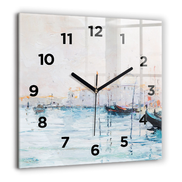 Square glass wall clock Oil painting yacht sea