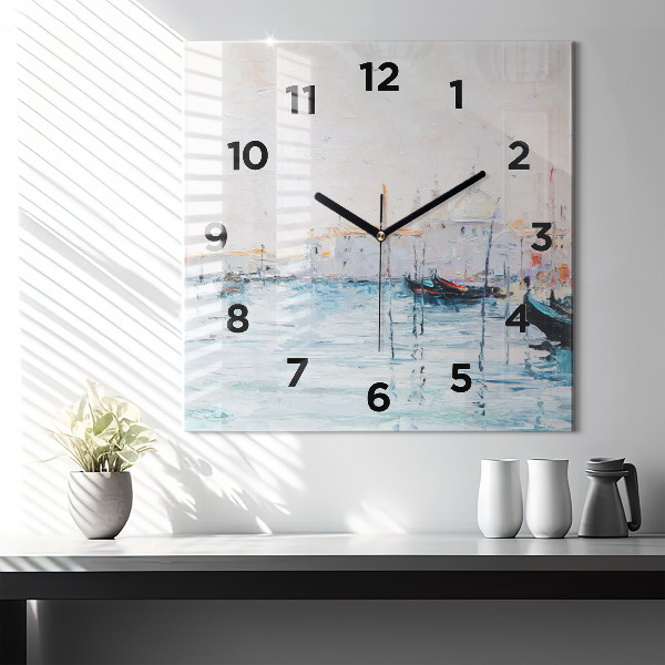 Square glass wall clock Oil painting yacht sea