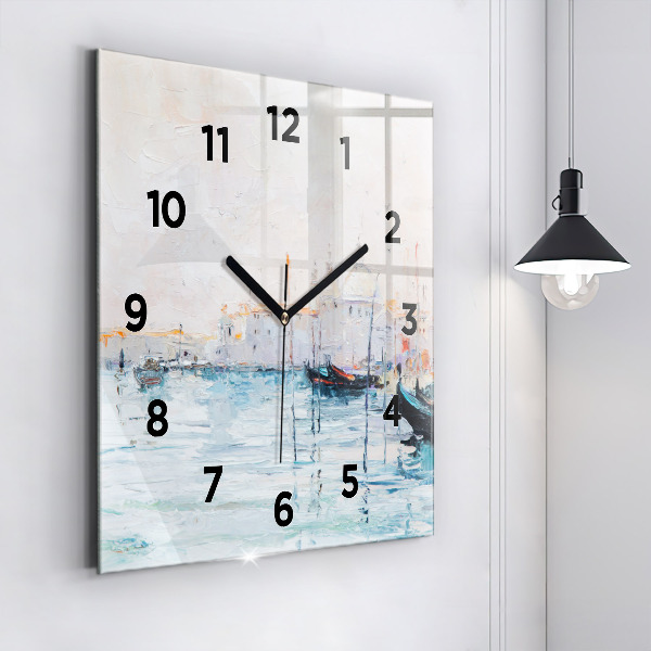 Square glass wall clock Oil painting yacht sea