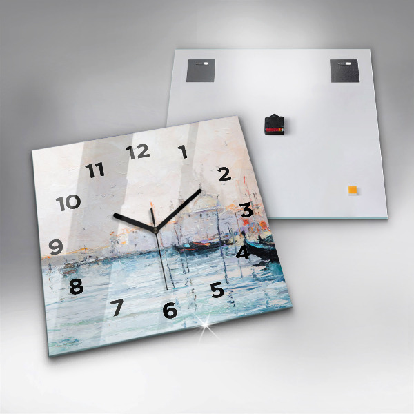Square glass wall clock Oil painting yacht sea