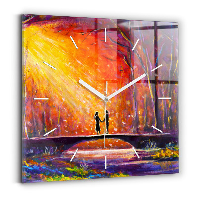 Square glass wall clock Couple in the forest