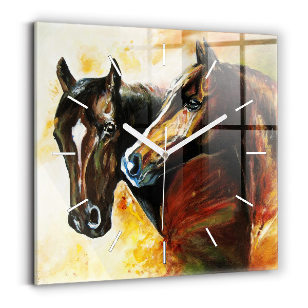 Square glass wall clock Two painted horses