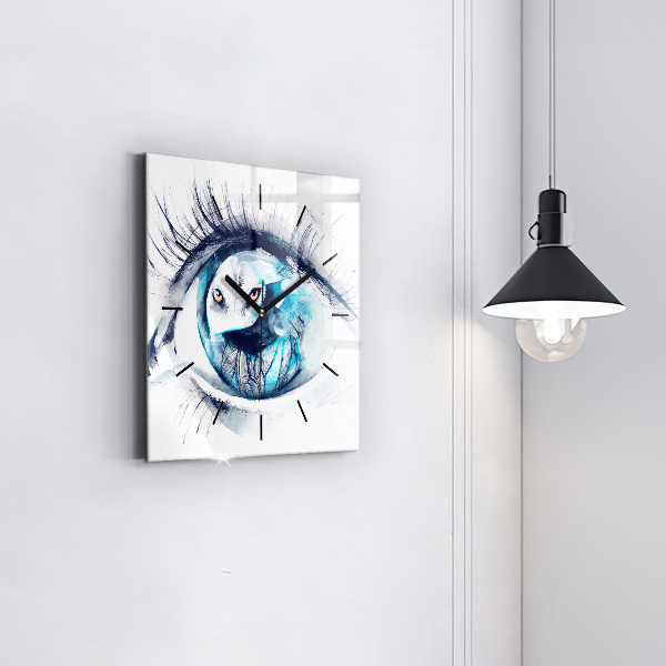 Square glass wall clock Wolf Eye Illustration