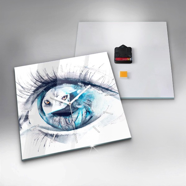 Square glass wall clock Wolf Eye Illustration